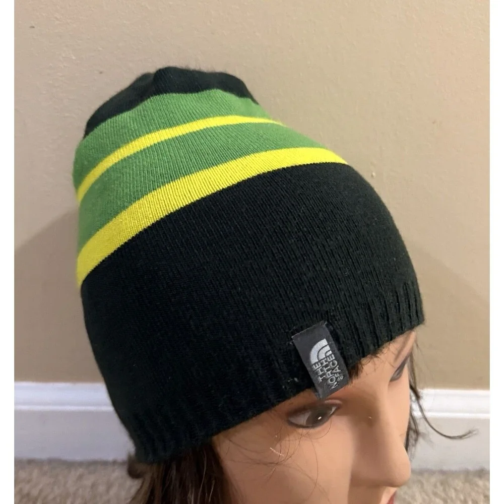 The North Face Youth Reversible Beanie Gorpcore Black Green Stripe Knit Hat Sz M